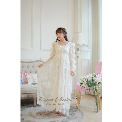 Free Shipping High Quality Royal Womens Nightgown Princess Sleepwear Long White Pijamas Lace pijamas femininos