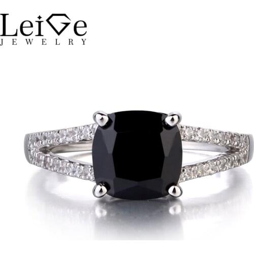 Leige Jewelry 925 Sterling Silver Natural Black Spinel Ring Gemstone Cushion Cut Promise Rings for Women Anniversary Gift