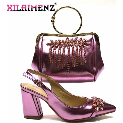 Nigerian Square Heels Shoes and Bag Set in Onions Color African Women Shoes Matching Bag Set for Wedding Party