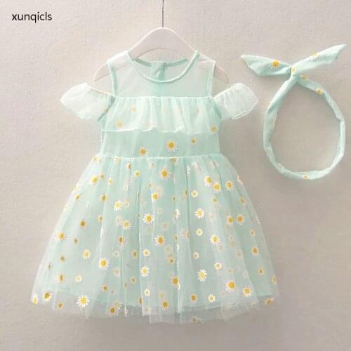 Girls Summer Dress with Hair Band New Little Daisy Short Sleeved Princess Dresses Kids Clothes for Girls 2 To 11