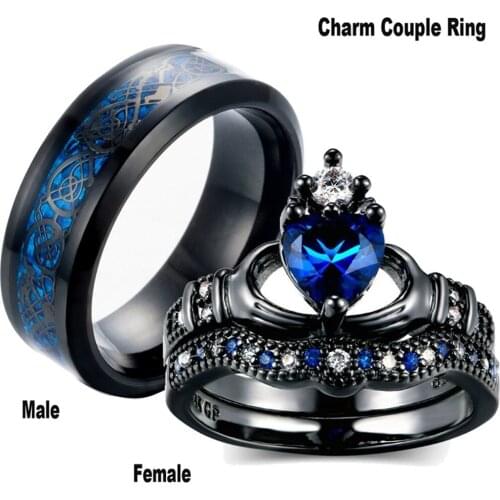 Fashion jewelry dark blue crown heart-shaped cubic zirconia stainless steel couple ring engagement Valentines Day gift