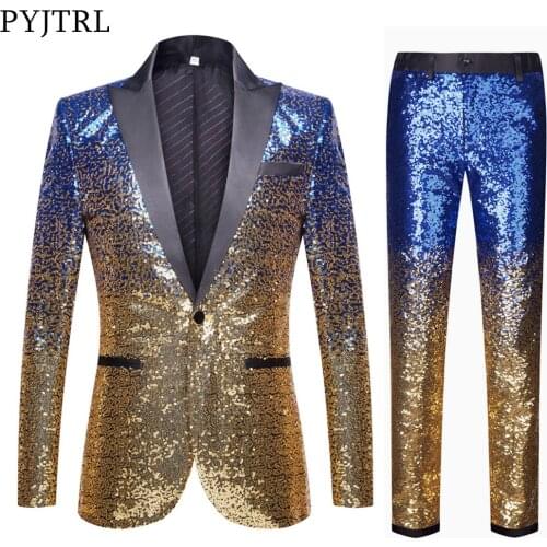 PYJTRL Men Suits Stylish Gradual Change Blue Gold Sequins Blazer With Pants Jacket Party Wedding Banquet Singers Costume