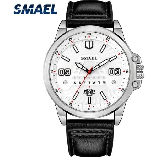 SMAEL Quartz Movement Mens Watch Business Style Leather Strap Waterproof Automatic Update Calendar LED Luminous Dial