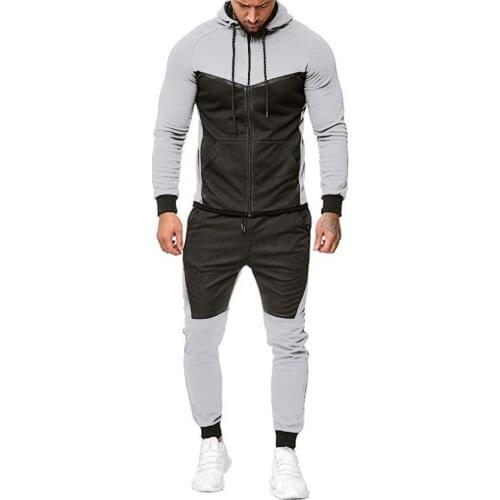 Men’s Two Piece Casual Sport Outfits Suit Fashion Contrast Color Long Sleeve Hooded Cardigan and High Waist Trousers Tracksuit