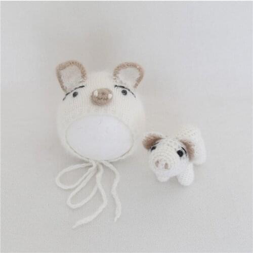 Soft White Angora Hat Pig Toy knit Animal Stuffed Doll Crochet Mink Hat Amigurumi Toys Handmade Newborn Bonnet Photography Prop