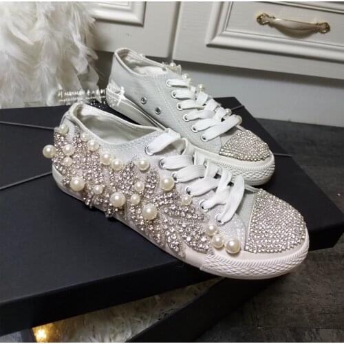 2021 new handmade diamond-studded canvas shoes flat bottom low-cut diamond shoes pearl-studded diamond handmade shoes