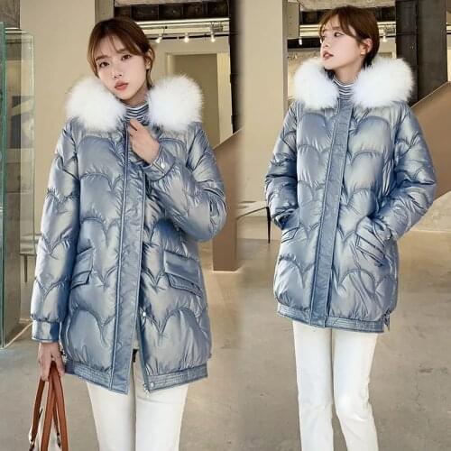 2021 New Winter Cotton Coats Women Korean Hooded Parkas Laser Dazzling Bright Surface Jackets Winter Warm Long Down Cotton Coats