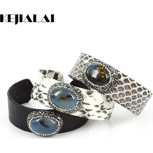 New Natural Snake Leather Bangle with Natural Stone Pave Rhinestone Python Leather Bangles for Women Punk Style Open Cuff Gift