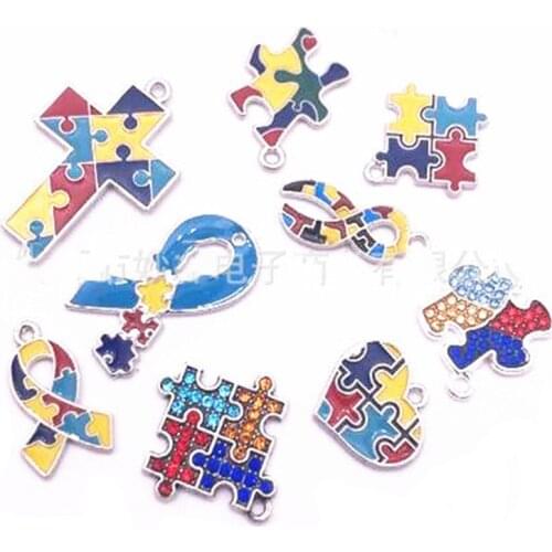 BULK! 10pc "Autism Awareness" Charms in Silvertone Style Autism DIY Pendant for Bangle Jewelry Making Enamel Piece Puzzle LK39D
