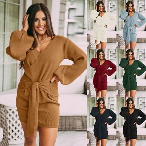 Pleated Bowknot Lacing V-neck Collar Button Blouse Dress Women Sexy Long Sleeve Mini Dresses Solid Streetwear Female Fashion -40