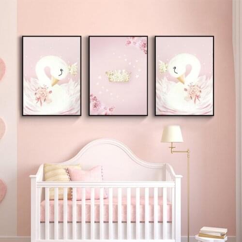 Pink Swan Cartoon Posters Nordic Kids Decoration Pictures Children Bedroom Decor Nursery Wall Art Canvas Painting Unframed