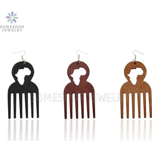 SOMESOOR Vintage Big Comb Wooden Drop Earrings With African Map Hollown Carving Wood Dangle Jewelry For Women Christmas Gifts