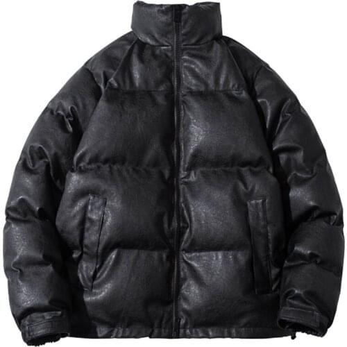 Unisex Thick Black Pu Leather Winter Male Jacket Solid Mens Clothes Couple Parkas Cotton Coat Plus Size Zipper Men Jackets Tops