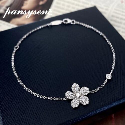 PANSYSEN Real Silver 925 Fine Jewelry Flower Charm Bracelets for Women Fashion Wedding Engagement Link Bracelet Wholesale Gift