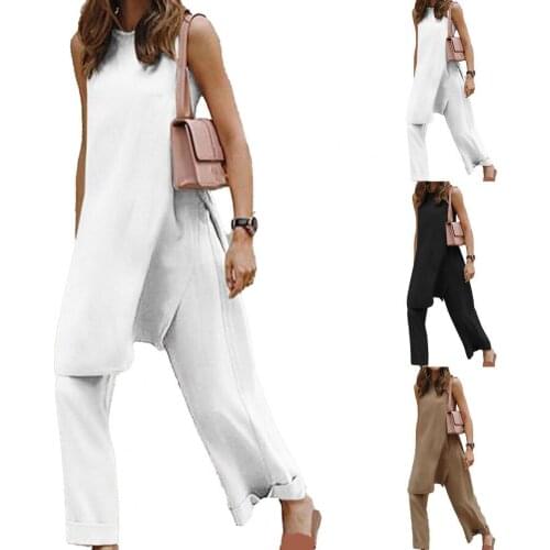 Summer Woman Pant Sets 2021 Pants Sleeveless Round Neck Female Women Split Blouse Wide Leg Pants Set for Work
