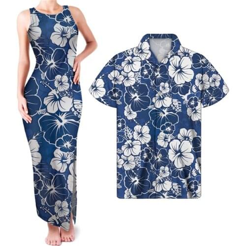 HYCOOL Royal Blue Elegant Floral Couples Match Clothing Women Improved Cheongsam Dress Sexy Sleeveless Long Bodycon Party Dress