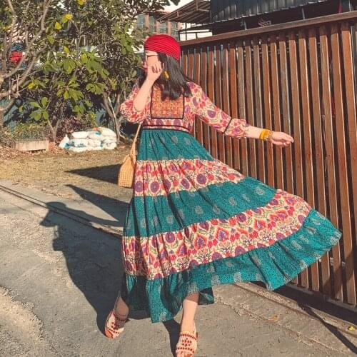 2021 Summer New Korean Fashion Robe Femme Tribal Ethnic Style Retro Embroidered Dress Bohemian Printed Beach Long Dress Vestidos