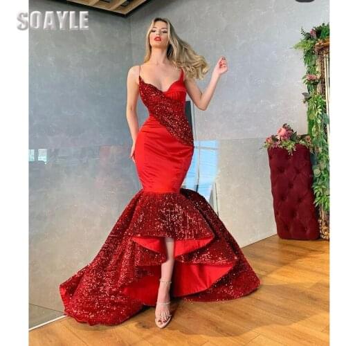 Prom Dresses Long Mermaid Evenning Dress Red Plus Size 2021 Dress Formal Dresses for Women Spaghetti Straps Deep Neck Sequin