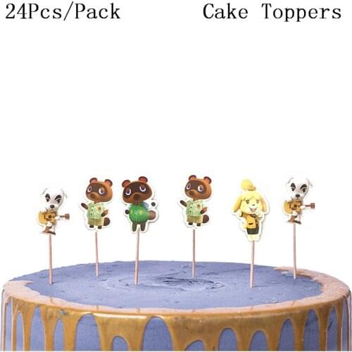 24PCS Animal Crossing Decorate Birthday Party Cake Topper Girls Animal Crossing Theme Baby Shower Cupcake Toppers With Sticks