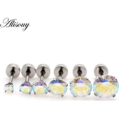 Alisouy 2pcs Medical Stainless Steel Crystal Zircon Ear Studs Earrings For Women/Men 4 Prong Tragus Cartilage Piercing Jewelry