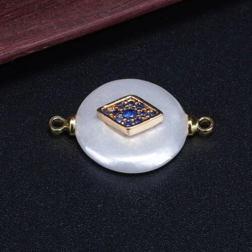 Cz crystal micro paved gold evil eye protection charm white coin pearl beads connector for bracelet earring choker jewelry DIY