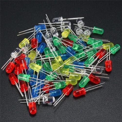 50Pcs/lot 5mm LED Light Diodes Round Top Color Diffused LED Light Emitting Diode Lamp Assorted Kit White Yellow Red Blue Green