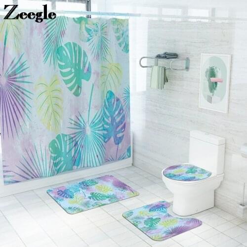 Shower Curtain and Toilet Mat Set Modern Style Bath Mat Non-slip Floor Carpet for Bathroom Memory Foam U-Shaped Toilet Rug Set