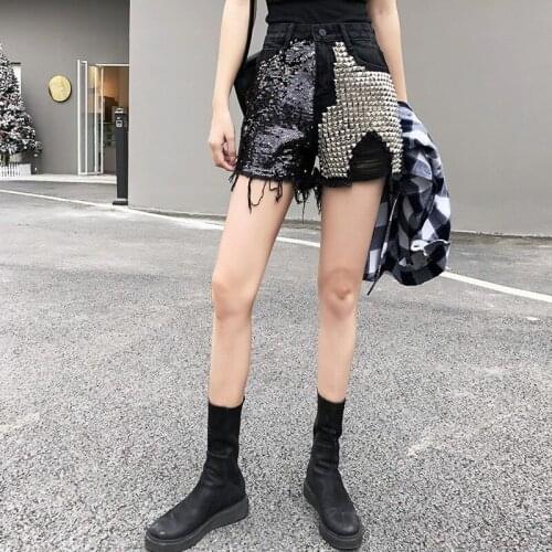 New High Street Womens Rivet Denim Shorts Rock Hip Hop Sequins Fashion Casual Ripped Short Jeans High Waist Black Female