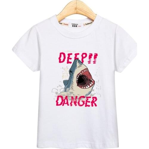 Deep danger shark t-shirt kid boys clothes short sleeve print tops fashion pattern juvenile shirt summer cotton kids tees 3-14T