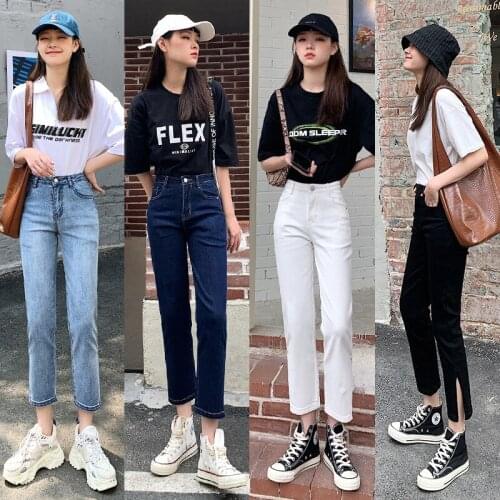 GUUZYUVIZ High Waist Stretch Split Straight Jeans Woman Casual Korean Denim Pants Skinny Jeans Trousers Vintage Plus Size