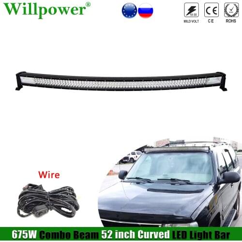 SUV Car Roof 675W 52" Curved LED Light Bar For Jeep Dodge JK Chevy 4x4 4WD Offroad Pickup 3 Row LED Bar Driving Fog Lamp + Wire