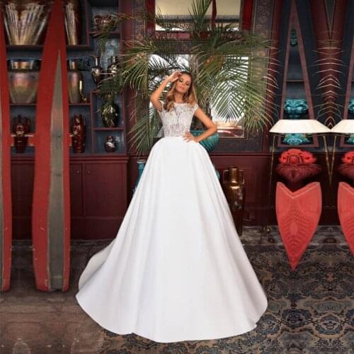 Scoop Neck Lace Applique Wedding Dress 2020 Long Satin vestido de noiva Backless A Line Ball Gown Custom Made