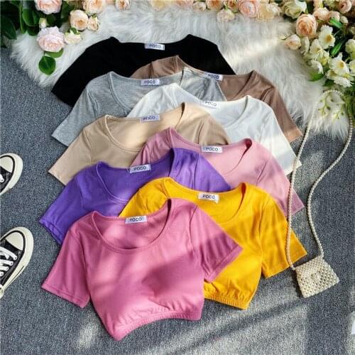 Summer fashion all-match waist solid color U-neck blouse Slim slimming waistband chest pad T-shirt short sleeves