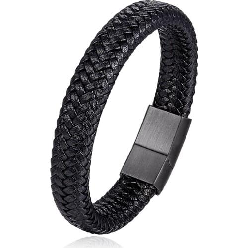 New Charm Bracelet Trendy Mens Unisex Handmade Accessories Titanium Steel Black Knitted Leather Bracelets Gifts