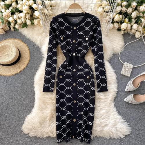 Vintage Sweater Dress Bottom Sheath Vestidos for Women Party Knitted Dress 2021 Womens Autumn Winter New Fashion