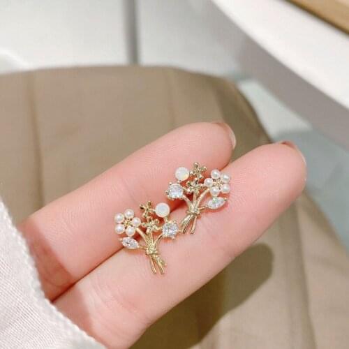 Exquisite Gold Plated Flower Bouquet Zircon Stud Earrings for Women French Style Handmade Earring Korean Fashion Jewelry