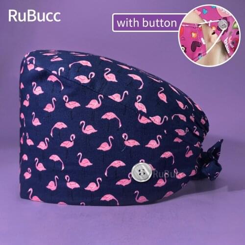 Beauty Salon Scrub Caps Dental Hospital Doctor Soft Hat Nurse Hat Sanitary with Sweatband Cartoon Flamingo Printing Surgical Spa
