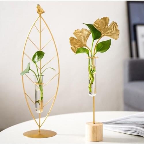 Gold Decorations Home Nordic Glass Test Tube Vase Hydroponic Vase Mini Vase For Dried Flowers With Metal Wrought Iron Stand
