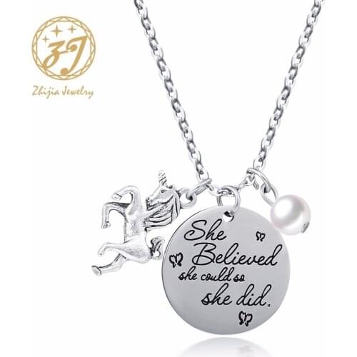 Zhijia Jewelry 316L Stainless Steel Letter Tag Necklace"She Believed She Could So She Did"With Horse And Pearl Pendant Free Ship