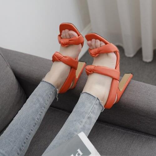 2021 New Knot Design Shoes Woman Sandals 2021 Summer Square Toe High Heels Sandals Women Good Quality Dress Shoes Big size 42