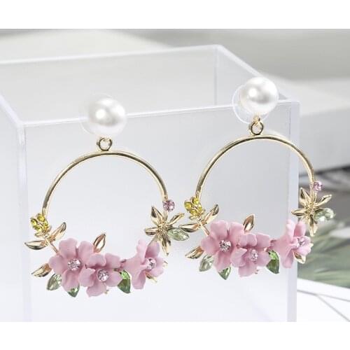 Romantic Korean Resin Summer large Flower Round Crystal Drop Earrings For Women Leaf Earring Za Pendant Boho Party Jewelry