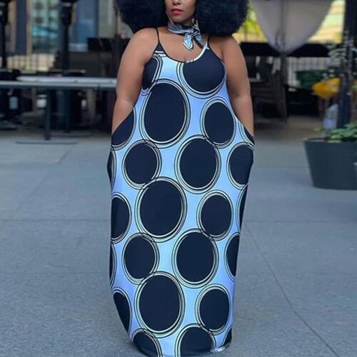 3XL 4XL Plus Size African Dress For Women Large Big Size Spaghetti Strap Loose Floor Length Printed Fashion Evening Night Dress