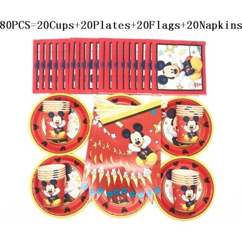 50Pcs/80Pcs Red Mickey Mouse Disposable Tableware Sets Cup Plate Napkin Flag Baby Shower Kid Birthday Banner Decoration Supplies