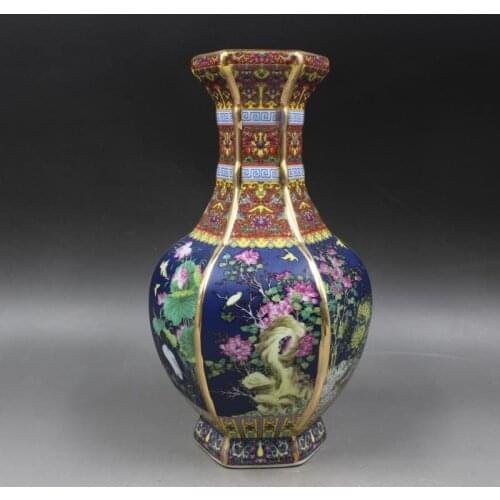 Qing Qianlong Antique Blue Ceramic Vase Enamel Gilt Hexagon Vase With Flower Antique Porcelain Ancient Porcelain Collection