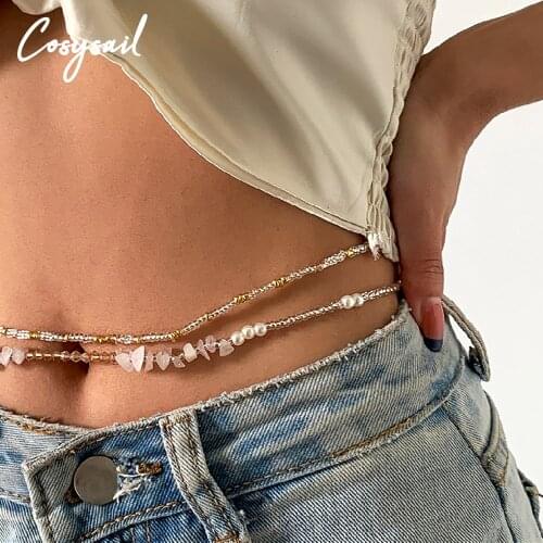Cosysail 2Pcs/Set Boho Beaded Waist Chain Women Irregular Natural stone with Pearl Belly Chain Set Summer Bikini Party Jewelry