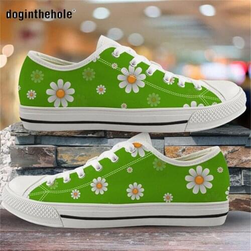 Doginthehole Daisy Sunflower Patterns Womens Flats Shoes Casual Low Top Canvas Shoes for Women Fashionable Femma Shoes Light