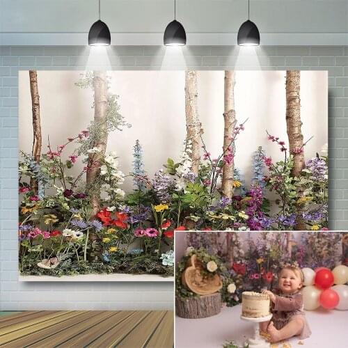 Kids Cake Smash Photography Backdrops Birthday Wood Garden Floral Leaves Decor Jungle Child Baby Background Plants Photo studio