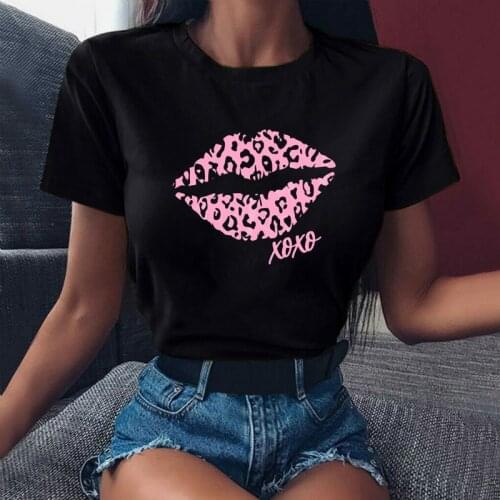 Pink Leopard Lips Print T Shirt Fashion Women T-shirt Ladies White and Black Tee Shirt Short Sleeve T-shirt Female Harajuku Tops