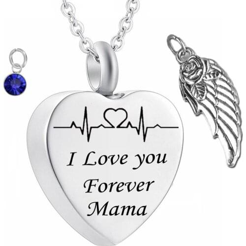 I love you forever mama Birthstone Ashes heart Pendant Memorial Urn Necklace Angel Wing Stainless Steel Waterproof Jewelry