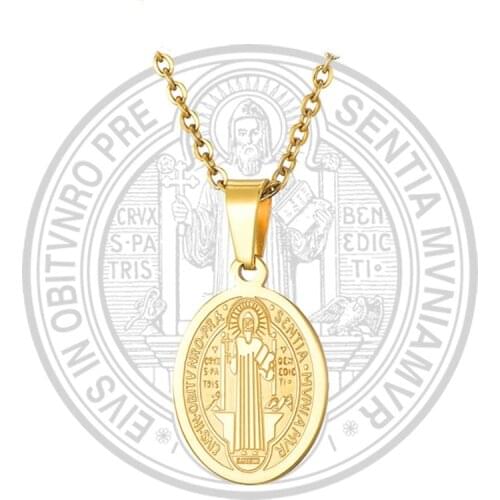 Classic Catholic Saint Benedict Gold Medal Metal Pendant Necklace Unisex Religious Style Prayer Jewelry